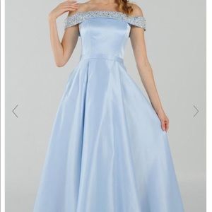 Blue Embellished Off-the-Shoulder Long Dress